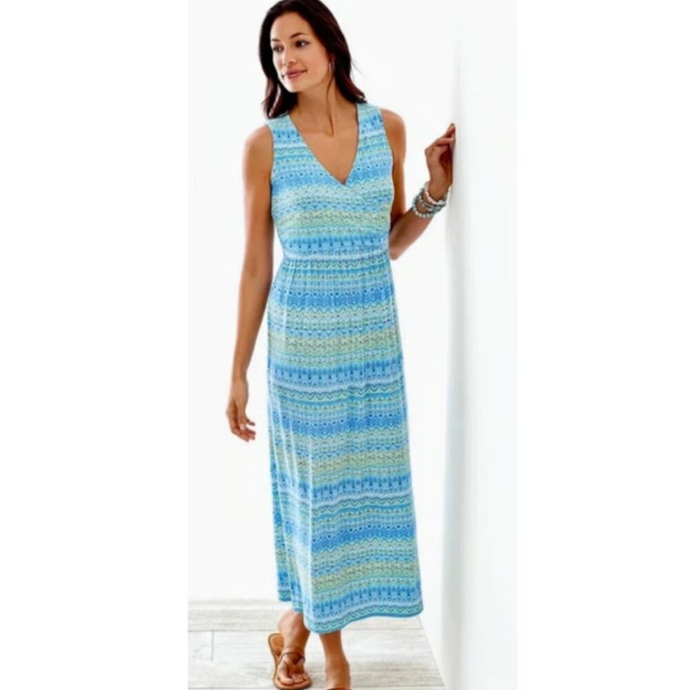 J. Jill Blue Stretchy Ikat Print Sleeveless Summer Maxi Dress Size XS